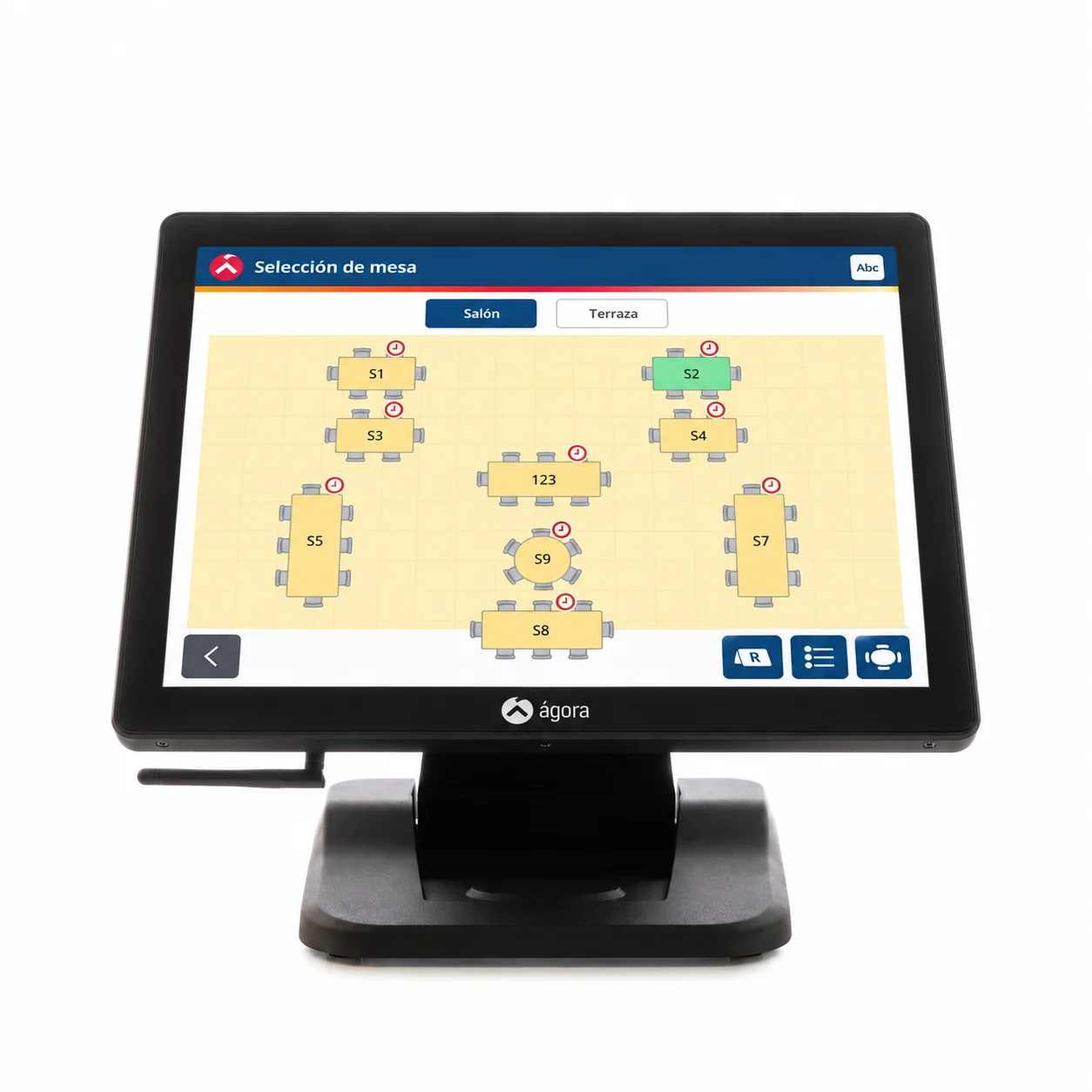 Terminal TPV Ágora X100 con una simulación de la selección de mesas de Ágora