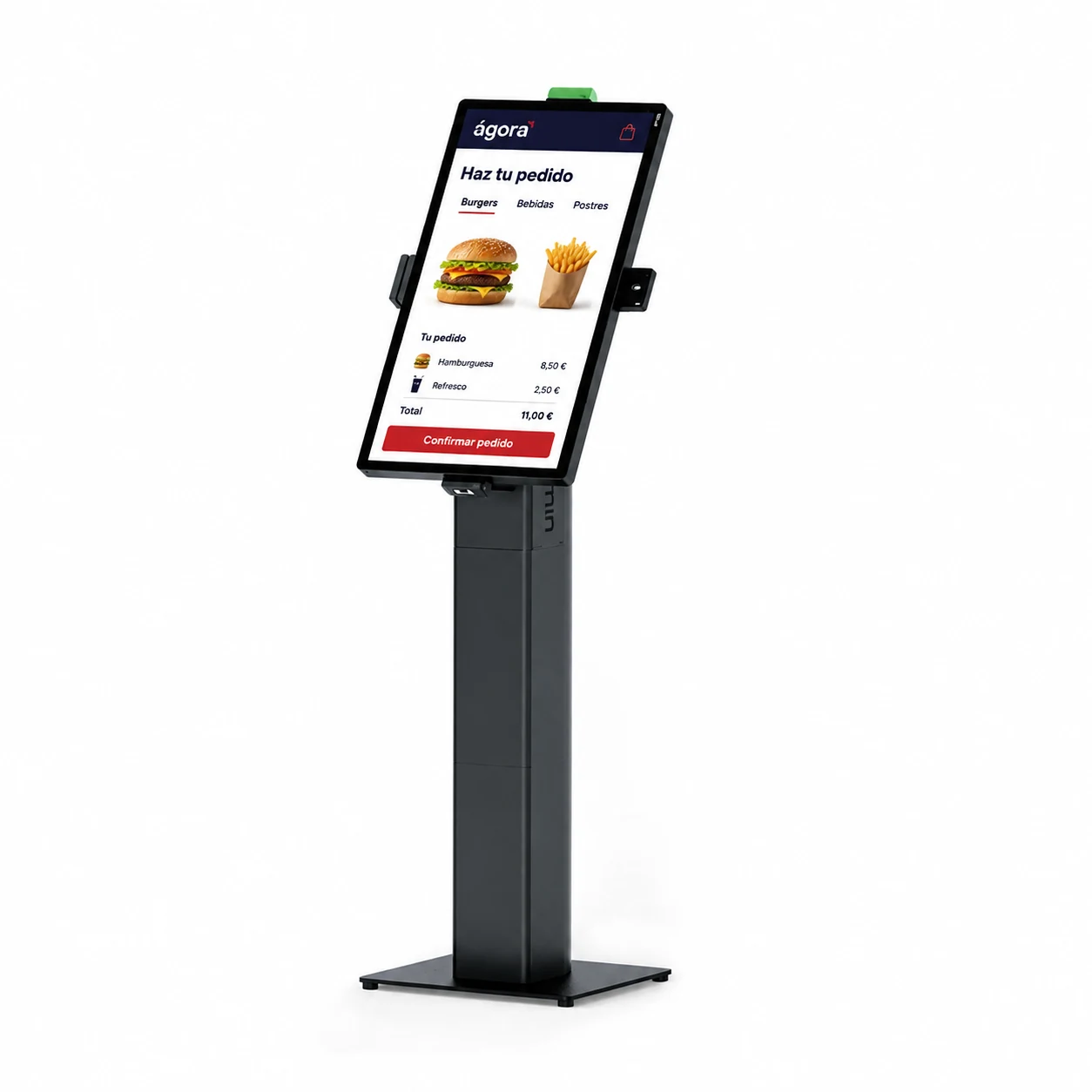 Kiosco iMin Crane 1 con una simulación de pedido: productos, carrito y botón de confirmación